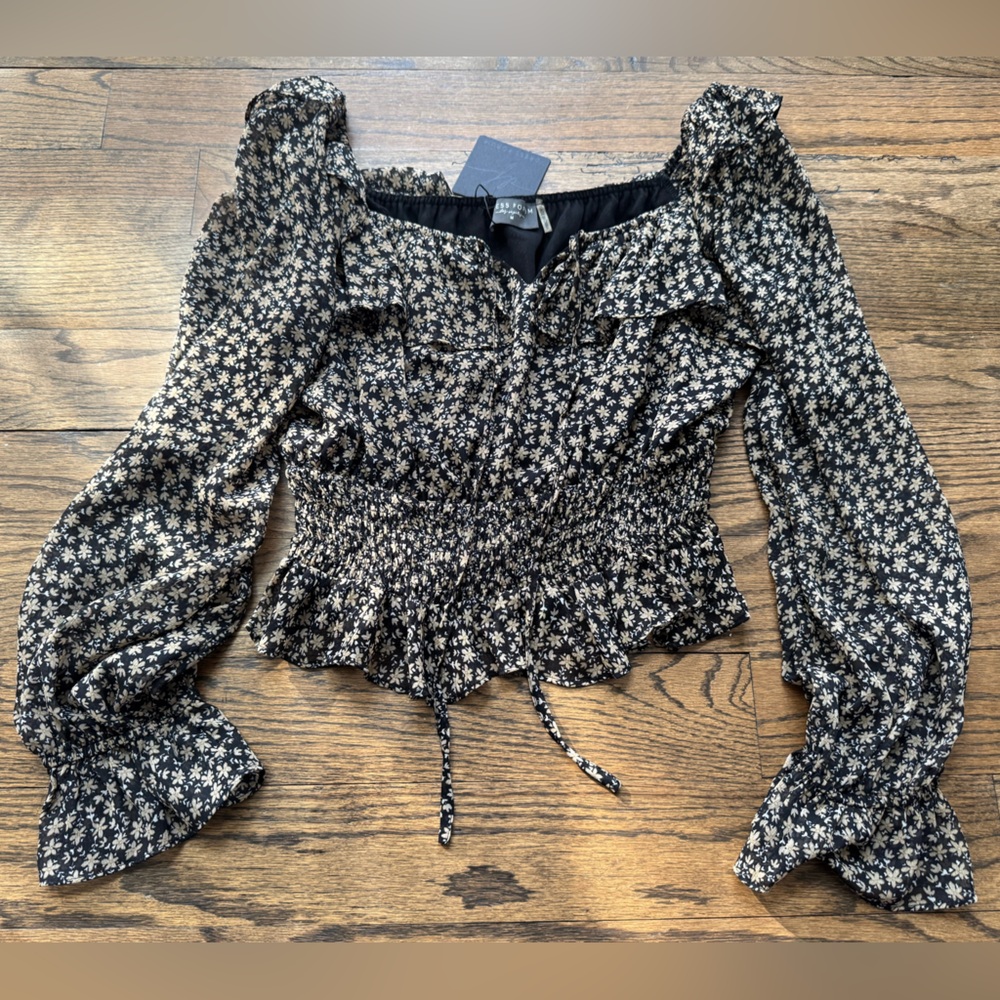 Dress Forum Smocked Floral Peasant Blouse Black Tan Size M NWT